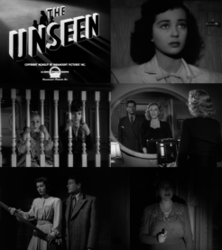 Screencaps for The Unseen, with a stark and shadowy title card, a woman looking sad, kids in bannister jail, a woman looking in a mirror and talking to some dude, a man in a trenchcoat, and a woman what a shadowy face and a well-lit gun