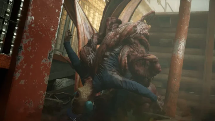 A screenshot from Still Wakes the Deep shows an oil rig crewman turned into a monstrous, tentacle-laden lump.