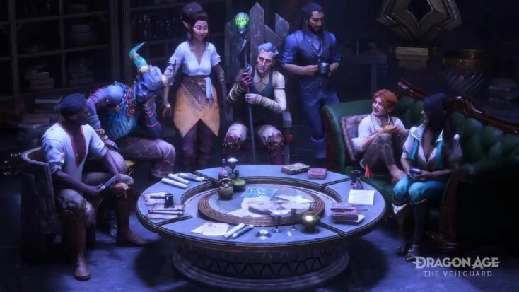 A group of Dragon Age adventurers surround a round table laden with several books and beverages.