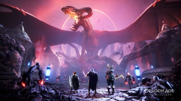 Art from Dragon Age: Veilguard shows a huge dragon with outstretched wings about to let loose its fire. A group of adventurers looks on.