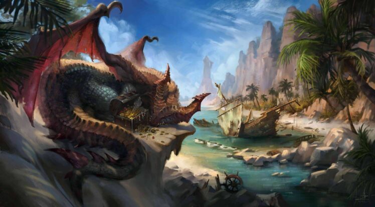 More key art from Dragon Age: Veilguard shows a large red dragon perched on a cliff above the wreckage of a ruined ship.