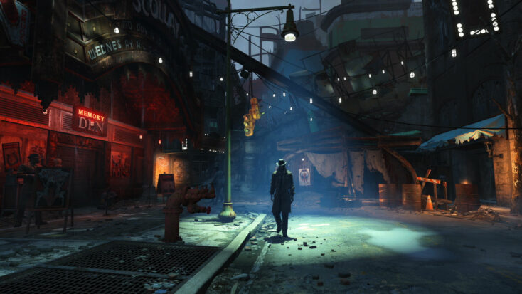 A figure in a trenchcoat and fedora walks the dimly lit streets of a post-apocalyptic city.