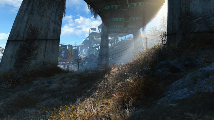 Artwork from Fallout 4 shows the underside of a ruined overpass in the post-apocalyptic wasteland.