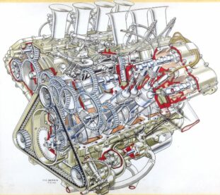 A detailed diagram of an F1 racecar engine.