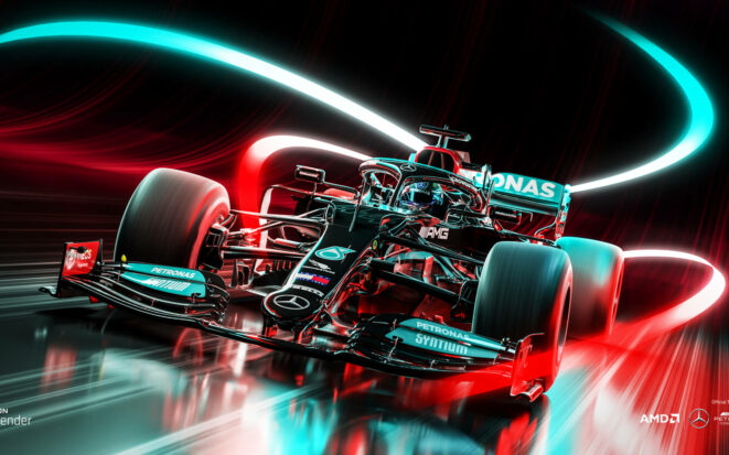 Sylized artwork depicts an F1 racecar surrounded by wisps of blue and red laser-like lights.