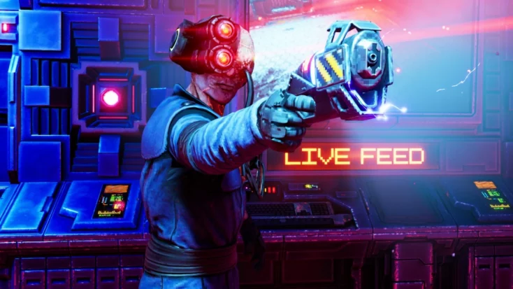 Art from System Shock shows the protagonist geared up for battle with a night-vision helmet to very large gun.