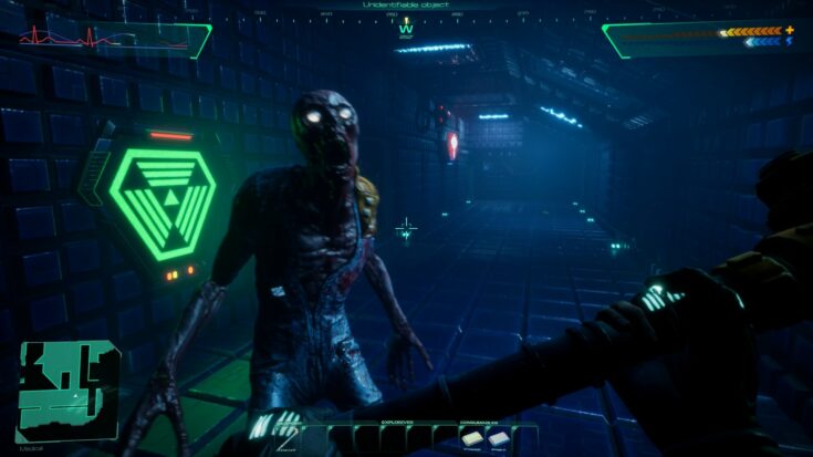 A screenshot from System Shock shows a creature wailing in a dark corridor on an abandoned spaceship.