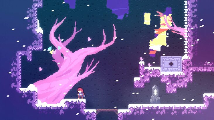 A screenshot from Celeste shows the pixellated redheaded protagonist standing on a platform beneath a huge, twisted purple tree.