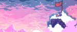 A screenshot from Celeste shows the title character and a buddy standing at the top of a snowy cliff, gazing outward at pink and purple at sunset.