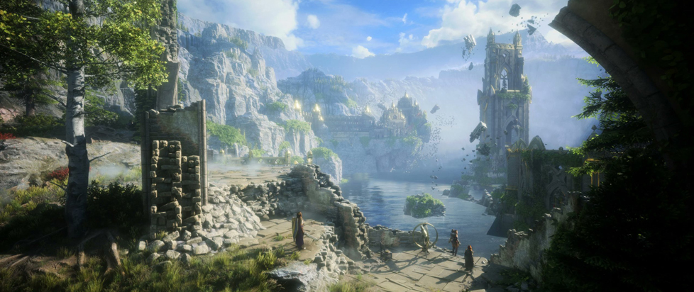 Art from Dragon Age: The Veilguard shows the adventuring party standing in a large ruined temple, staring out across a lush and green valley.