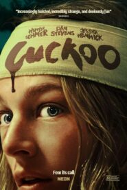 The movie poster for Cuckoo, with a frightened blond woman looking at the viewer wearing a bandage on her head with the movie's title in blood