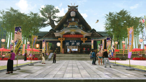 Another screenshot from the world tour mode of Street Fighter 6 featuring a Japanese temple framed by bamboo gardents and colorful flags for sumo wrestling and many tourists lingering around