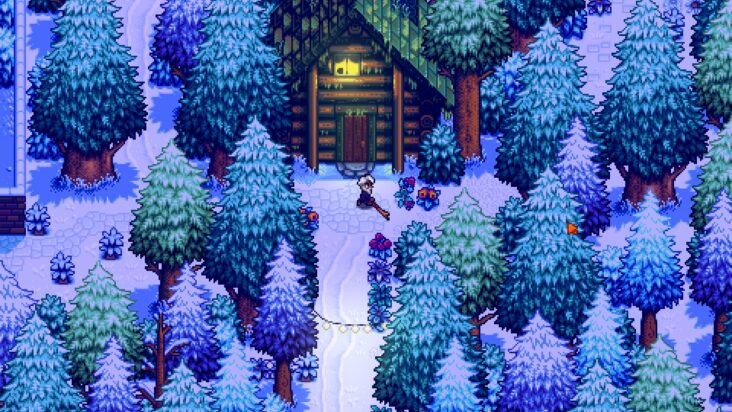A screenshot from Stardew Valley shows the player character standing outside their cabin in a snowy forest, tending to some plant friends.