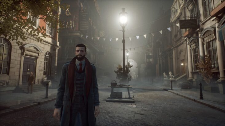 Jonathan Reid, protagonist of the videogame Vampyr, talks a walk along a misty London street.