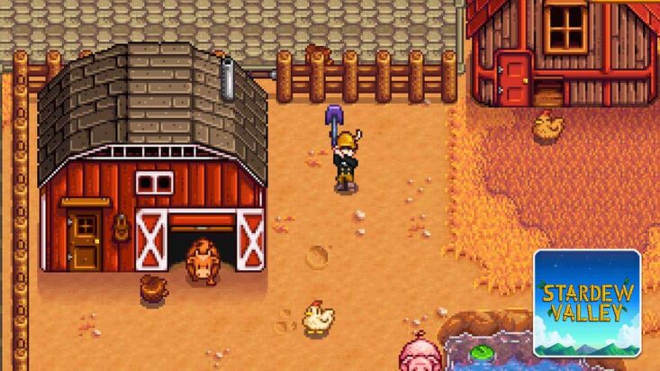 A screenshot from Stardew Valley shows the player character tending their chickens next to a big red barn.