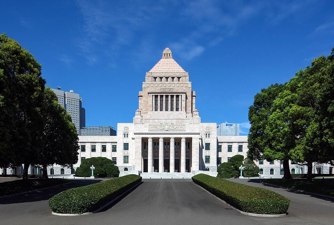 A photograph of the National Diet Building where both houses of the Japan's government, the Diet, meet.