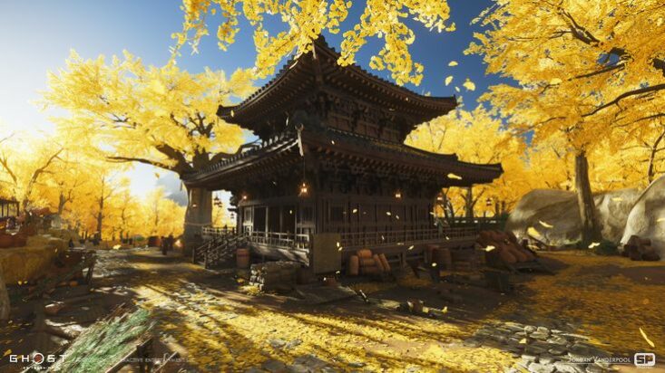 Another screenshot from Ghost of Tsushima shows a smaller pagoda standing among several trees bearing golden leaves as the a late-afternoon creates long shadows on the ground.