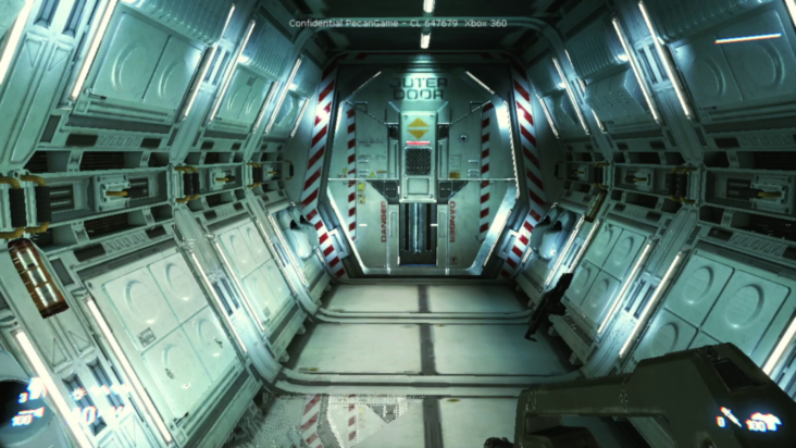 A dimly-lit hallway in a colonial outpost stretches out ominously towards a locked door.