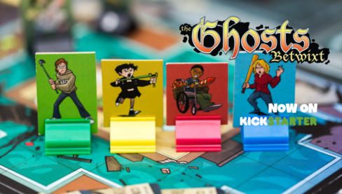 A close up of the standees in the Ghosts Betwixt, with a kid in a grey hoodie and glasses swinging a golf club, another in fishnets and a black jacket shooting a slingshot, a kid in a wheelchair with a basket of fireworks, and the last with red flannel and a baseball bat