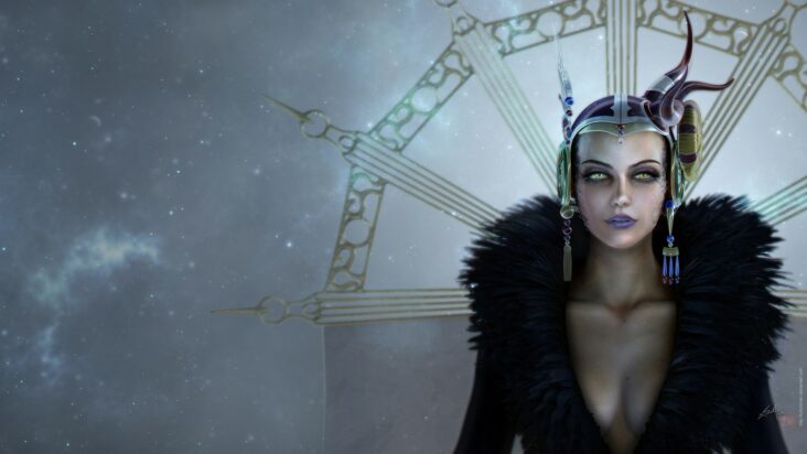 Edea Kramer from FFVIII stands in front of a conjuring wheel in a luxuriant black fur frock.