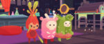 A screenshot from Ooblets shows three cute little bubbas: a tiny radish, a skull-faced pink cow thing, and a tiny cactus.