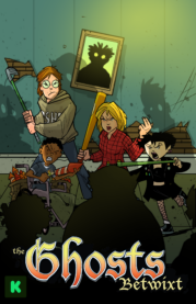 A poster image for The Ghosts Betwixt with all the aforementinoed characters in a run down house facing down two shadowy figures