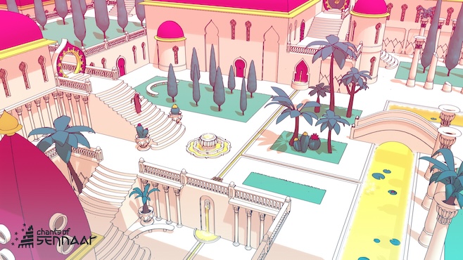 A screenshot from Chants of Senaar featuring pink-roofed desert architecture with clipped green gardens with palm and pine trees as well as canals with lily pads