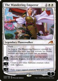 The Wandering Emperor card from Magic the Gathering, with all the text from the card as well as an image of a white-haired warrior in golden banded armor and flowing white rob standing in front of a temple and cherry blossoms