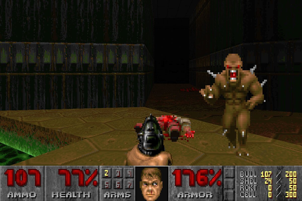 A revenant faces off against a DOOM player's pistol.