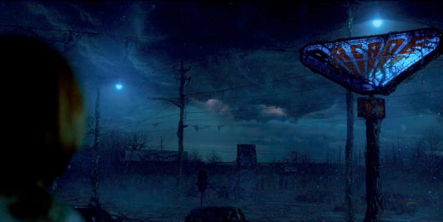 An arcade sign looks almost as if it's been infected as it stands dimly lit in the cloudy Upside Down.