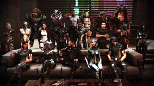A screenshot from Mass Effect 3 featuring all the characters looking cool standing around a couch, too many to name but your space partner is definitely included