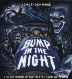 The full box art for Bump in the night with a little girl in bed surrounded by several ghosts and specters of death with skulls for faces and bony hands