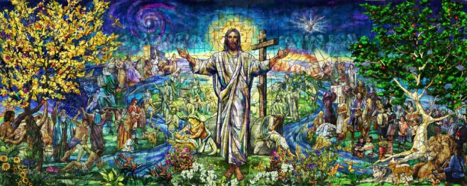 an image of the final version of the main stained glass piece in the movie Holy Frit, with a colorful depiction of Jesus at the center with radiant green, blue, and gold showing many bible characters and scenes