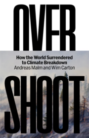 The cover for the book Overshoot with an image of a forest fire underneath the title and author names
