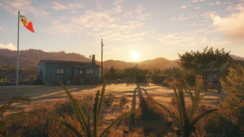 A screenshot from theHunter featuring a hunting cabin in the wilderness at sunrise with cacti and other desert foliage 