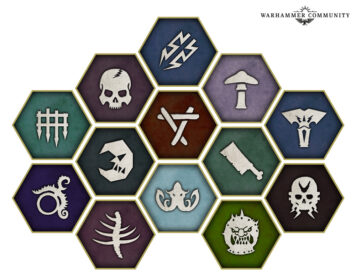 A hex grid of many of the warband icons for Warhammer Underworlds, with a skull, mushroom, falling portcullis, tusked elephant, and many more 
