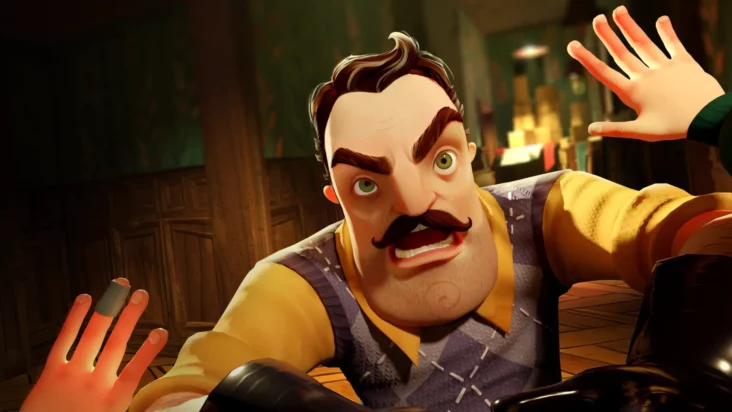 A man with a mustache attacks the player character in a screenshot from Hello Neighbor. 
