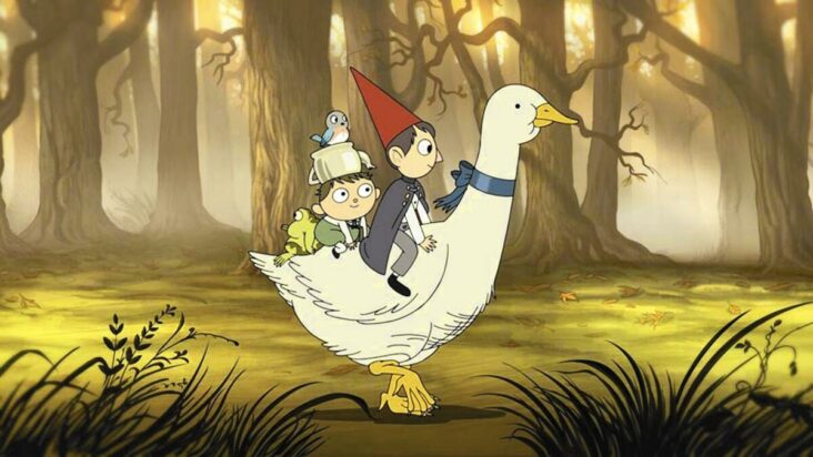 Wirt and Greg (and Greg's frog) happily ride on the back of a friendly white goose.