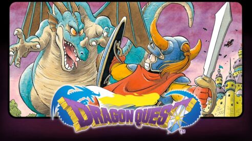 the cart art for Dragon Quest in Japan with a large blue dragon on the left and a knight with a red cape and sword and shield ready to strike on the right