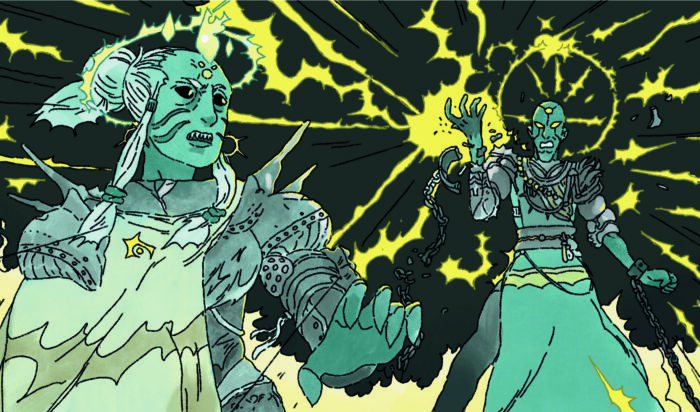 Two figures seem to be engaged in battle: one, wearing a tattered half-cape, feints to the side while the other charges an electric lightning attack with their fist.