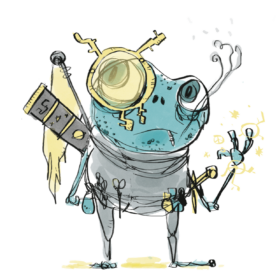 A frog-like creature wearing a huge monocle poses in a plain gray jumpsuit, wearing various weapons and other equipment on its belt and back.