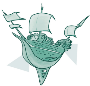 A ship that looks like a cross between a Man o' War and a spaceship, sails full.