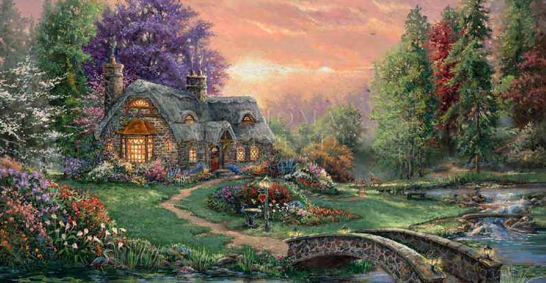 Thomas Kinkade's Sweetheart Retreat features an idyllic stone cottage nestled among rolling hills of grass and flowers. The sun sets serenely in the background.