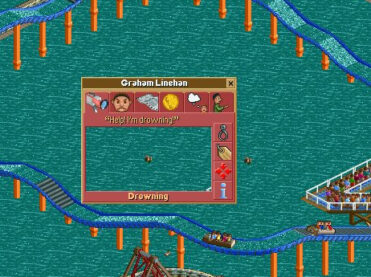 A screenshot from Roller Coaster Tycoon with a coaster track going over water and a patron in the middle saying "Help! I'm drowning!"