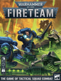 The box art for Warhammer 40 K Fireteam with green lasers raining from space while blue armored marines hold chainsaw swords and attack skeletal robots
