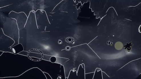 A screenshot from Genesis Noir where cells are depicted in black and white line draws on a space like surface interacting and combining in exciting ways