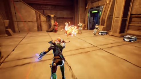 A screenshot from the trailer of GI Joe Operation Blackout where the player is Scarlett running forward and shooting enemies with her signature crossbow