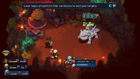 A screenshot from Sea of Stars in the middle of gameplay, with three heroes on the left in pixel art facing off against a magic cat riding a stone lizard in the middle of a cozy cave