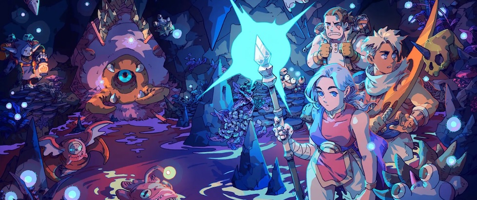 Promotional art for Sea of stars with a crab worm creature surrounded by pats and fish and goblin with a lantern on the left, and the heroes of the game with an orange sword and a blue magical staff on the right