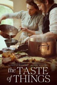 The poster for The Taste of Things with a woman pouring broth into a stranger that a man is holding all in front of a sumptuous table of pork, bread, and greens